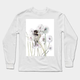 Dandelions and Chickadee Bird Long Sleeve T-Shirt